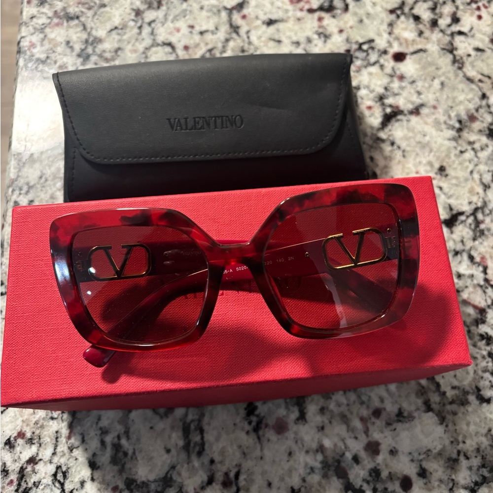 Valentino Black Leather Sunglasses Case with Red Logo Box